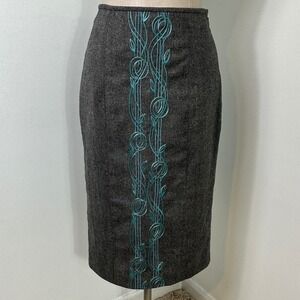 Maria Pinto Pencil Skirt Graphite Gray Teal Embroidered Career Wear‎ Size 2
